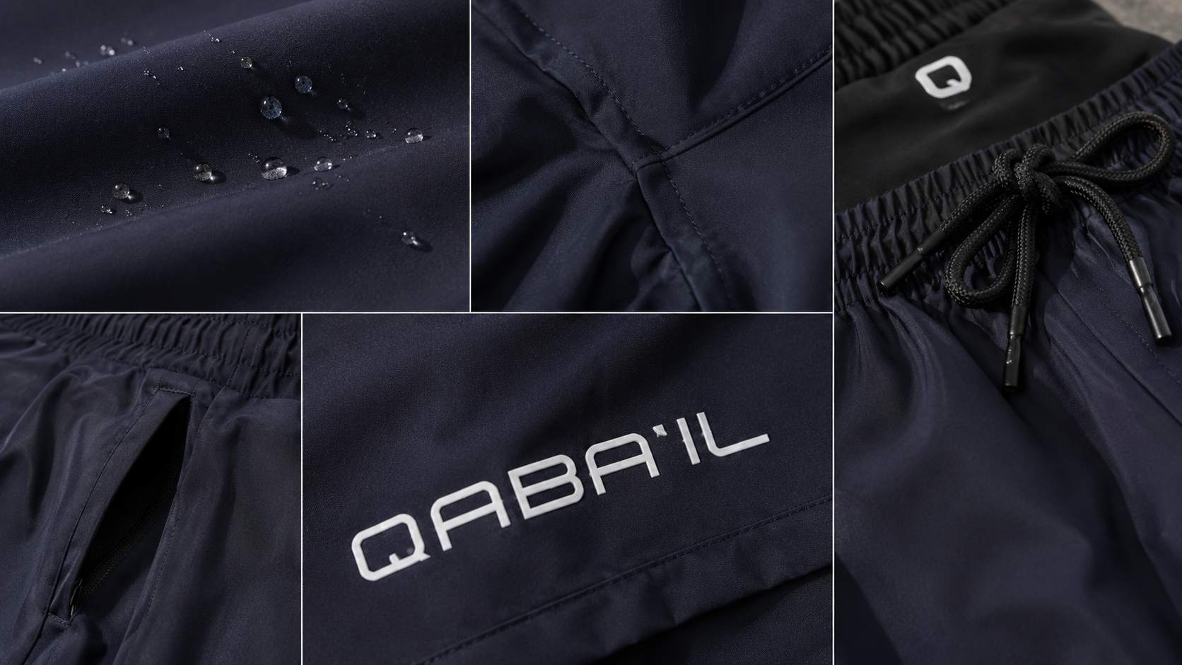 Détails techniques du tissu, des coutures, du cordon et de la poche d’un maillot de bain Qaba’il